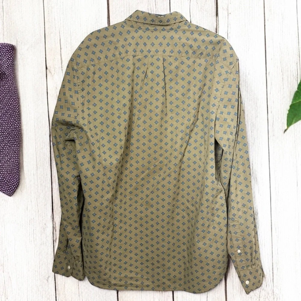 J. Crew Camp Shirt Mens Classic 100% Cotton Olive Blue Floral Button Down ~ L